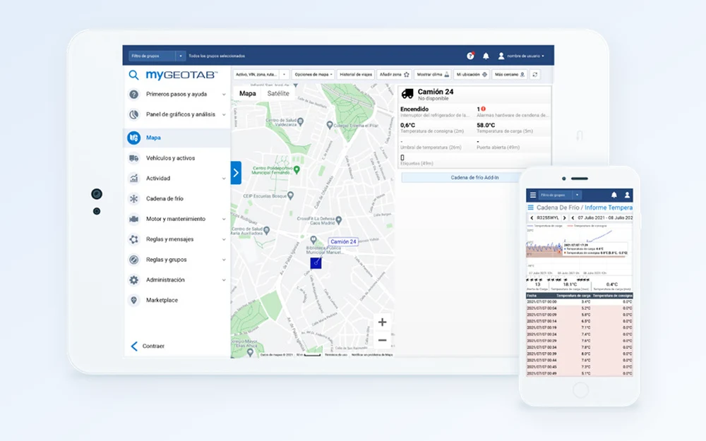 Plataforma MyGeotab en computadora y celular con mapa de la flota
